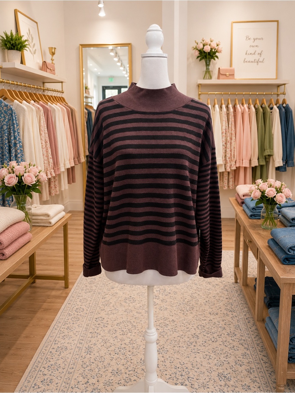Natural Life Brown Black Striped Mock Neck Sweater Size Medium NWT